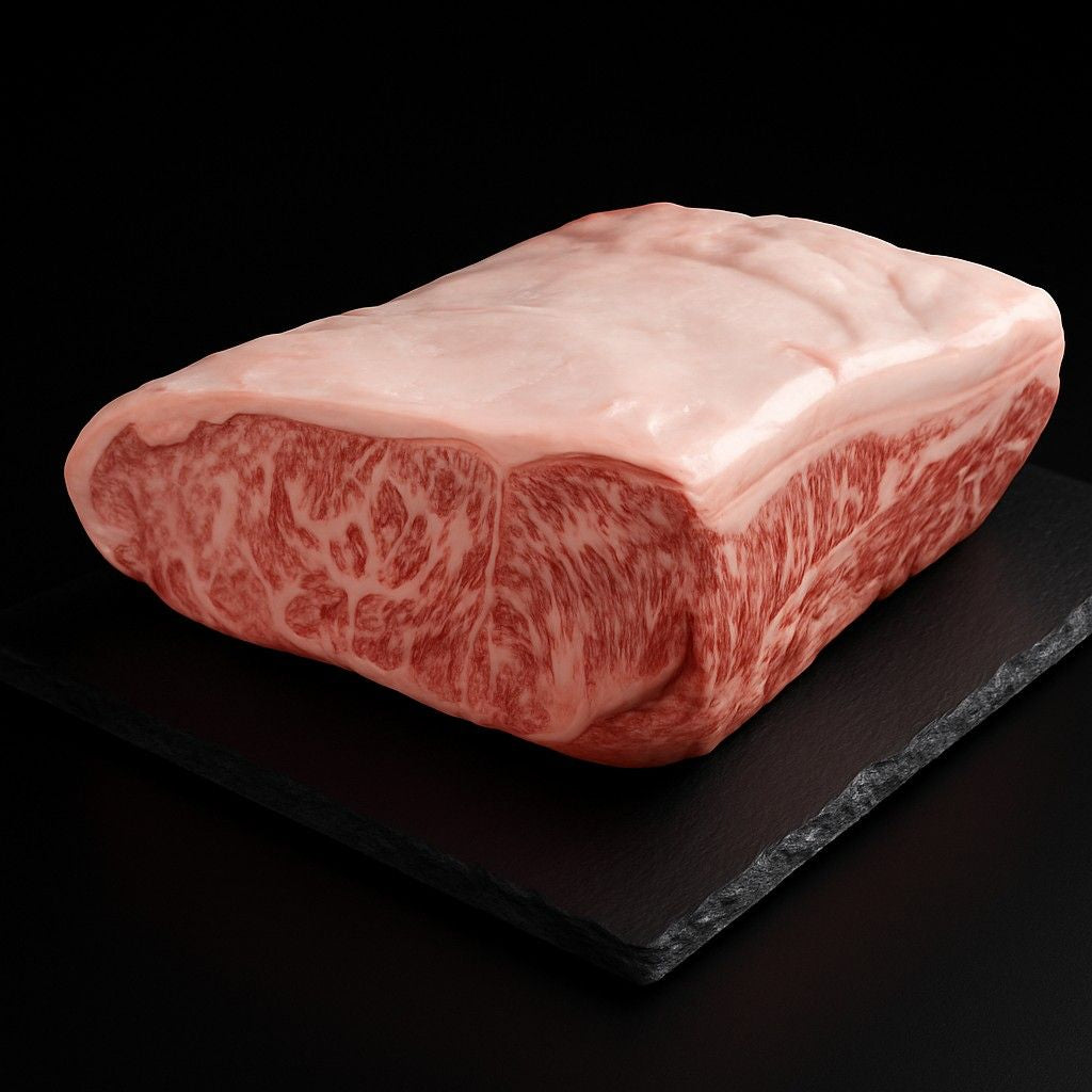 Large whole wagyu loin cut placed on a butcher’s board.