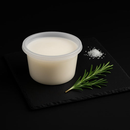 Container of creamy white Japanese Wagyu beef tallow on black slate with fresh rosemary and sea salt
