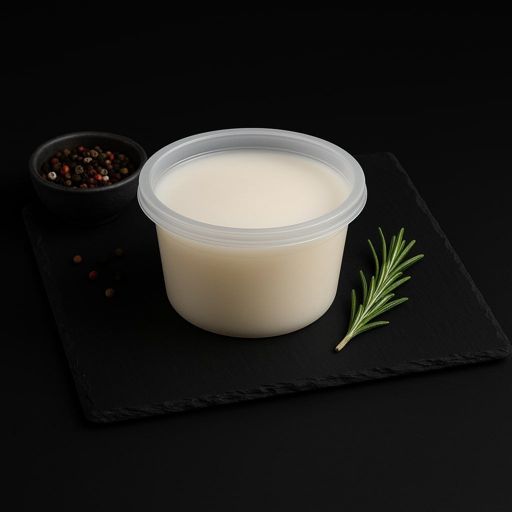 Luxurious Wagyu beef tallow placed beside bowl of peppercorns and fresh rosemary on black slate.