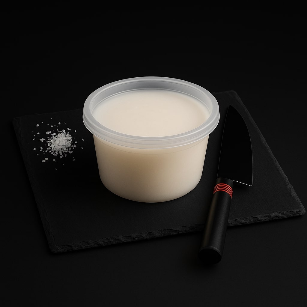 Container of rich Japanese Wagyu beef tallow alongside chef’s knife and salt crystals, elegantly set on textured black slate.