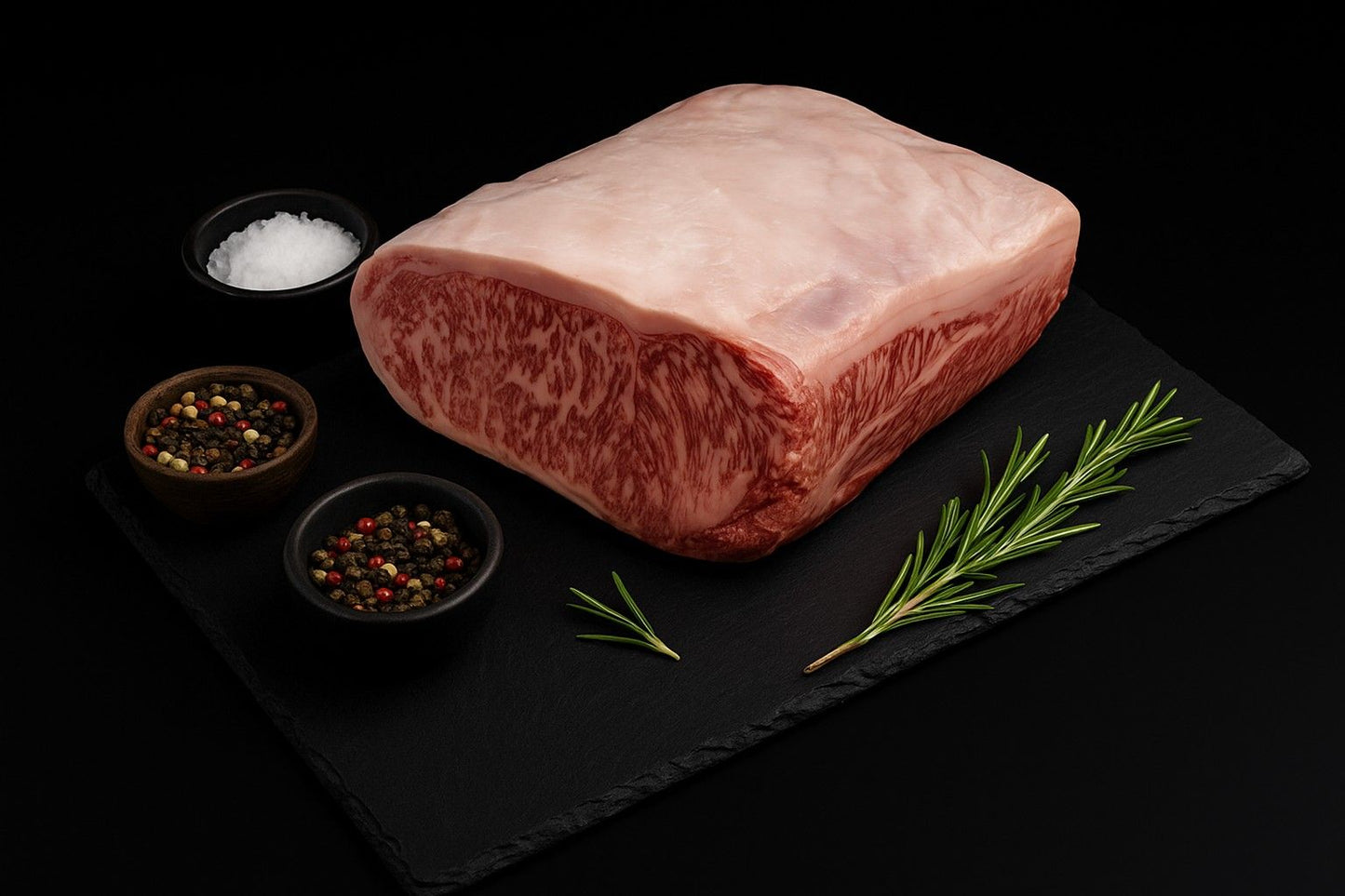 Raw whole wagyu loin cut, showing marbling across the muscle.