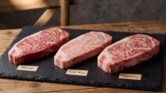 3 a5 Japanese wagyu steaks from Kagoshima Kobe wine and Miyazaki on a black slate marble board