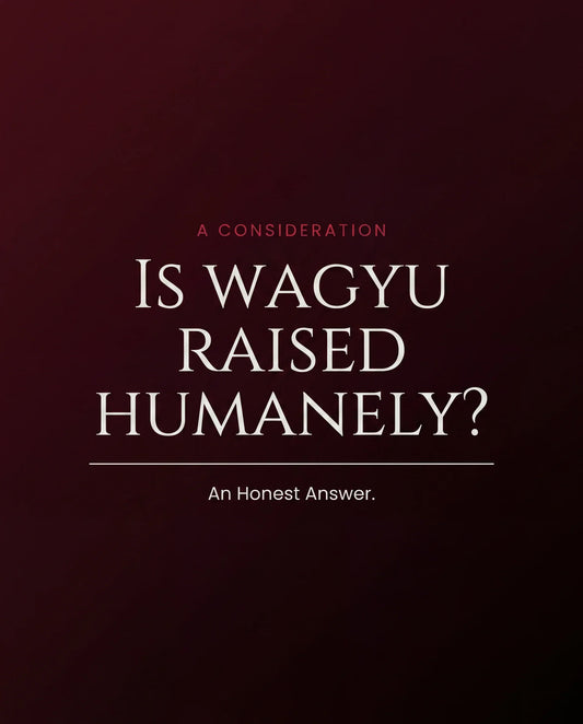 Typographic cover reading "Is Wagyu Raised Humanely?" on a dark burgundy-to-black gradient.
