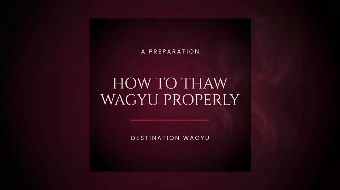 Editorial blog cover with "How to Thaw Wagyu Properly" headline in elegant serif type on a deep burgundy and black gradient background with soft smoke accents