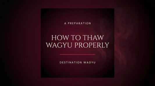Editorial blog cover with "How to Thaw Wagyu Properly" headline in elegant serif type on a deep burgundy and black gradient background with soft smoke accents