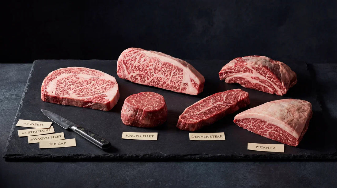 A collection of Australian and Japanese A5 wagyu cuts on a black board with knife and logos
