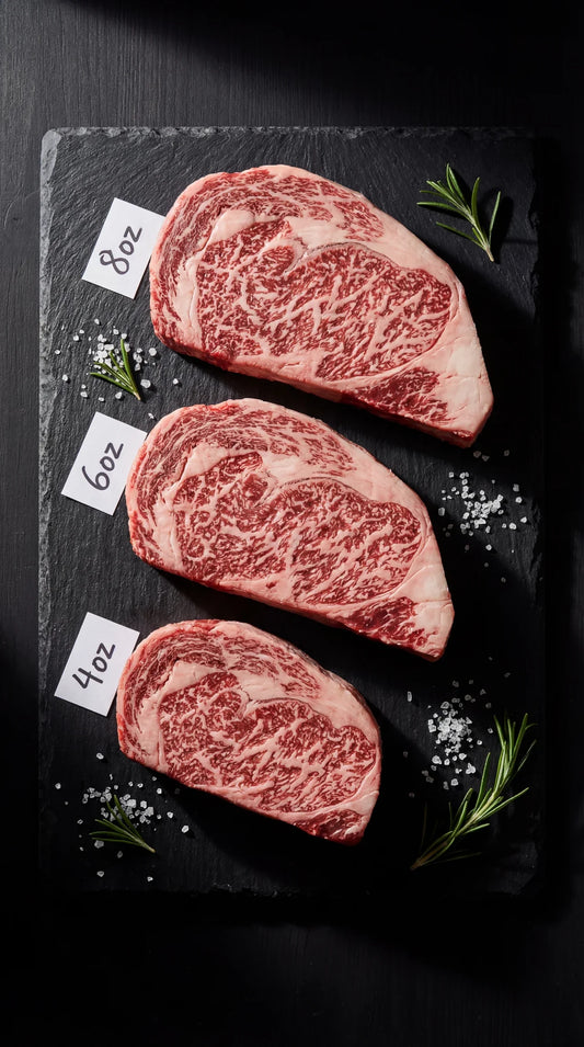 Three Japanese A5 wagyu ribeye steaks showing 4oz, 6oz, and 8oz portion sizes with intense marbling on black slate