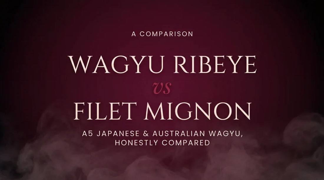Editorial blog cover with the headline Wagyu Ribeye vs Filet Mignon in elegant Cinzel serif type on a deep burgundy and black gradient background with soft smoke accents