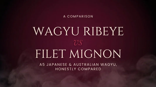 Editorial blog cover with the headline Wagyu Ribeye vs Filet Mignon in elegant Cinzel serif type on a deep burgundy and black gradient background with soft smoke accents
