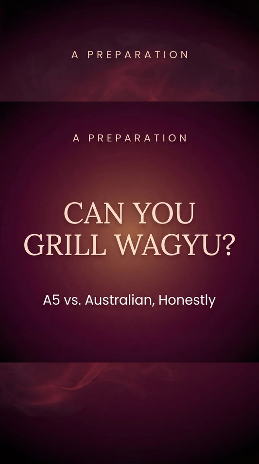 Typographic blog cover reading "Can You Grill Wagyu? A5 vs. Australian, Honestly" in Cinzel serif on a deep burgundy-to-black gradient
