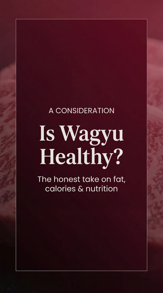 ypographic cover reading "Is Wagyu Healthy?" over a dark burgundy gradient, with a faint marbled Wagyu texture