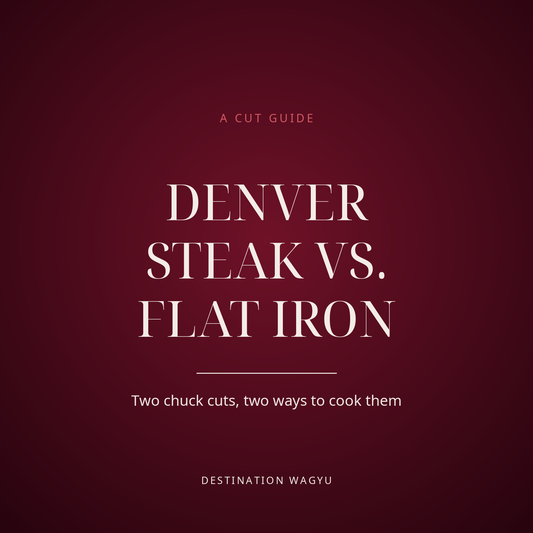 Destination Wagyu cover card: A Cut Guide, Denver Steak vs. Flat Iron, two chuck cuts, two ways to cook them