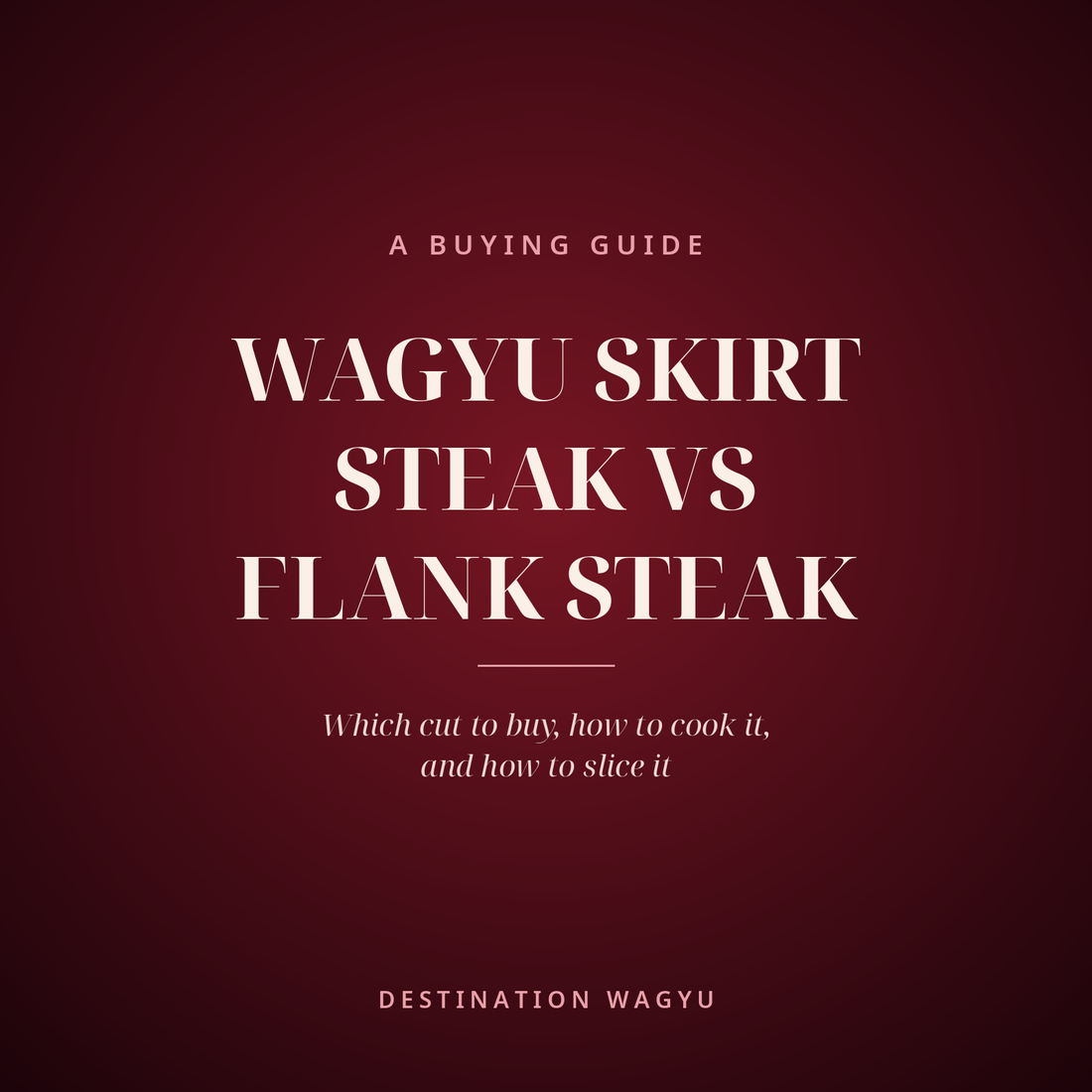 Burgundy square cover card reading "A buying guide: Wagyu skirt steak vs flank steak" with the Destination Wagyu name at the bottom