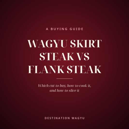 Burgundy square cover card reading "A buying guide: Wagyu skirt steak vs flank steak" with the Destination Wagyu name at the bottom