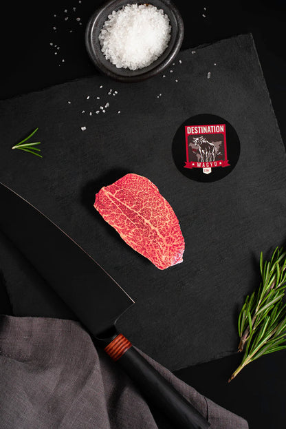 Miyazaki A5 wagyu petite filet mignon steak showing delicate marbling and deep red color