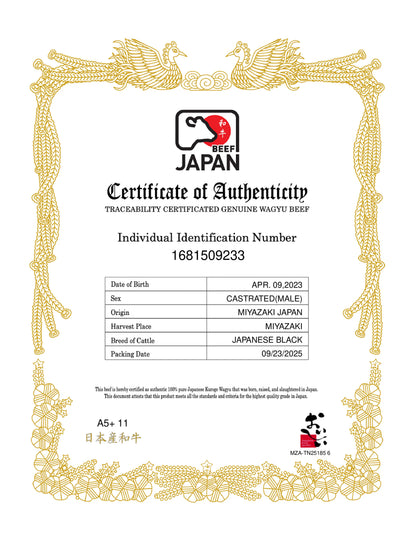 Sample Japanese A5 wagyu certificate of authenticity, Japan Prefectural Gyusho Association (JPGA)