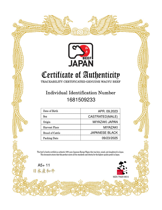 Real Wagyu Beef Japan Certificate of Authenticity