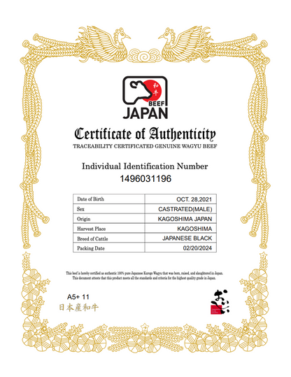 Sample Japanese A5 wagyu certificate of authenticity, Japan Prefectural Gyusho Association (JPGA)