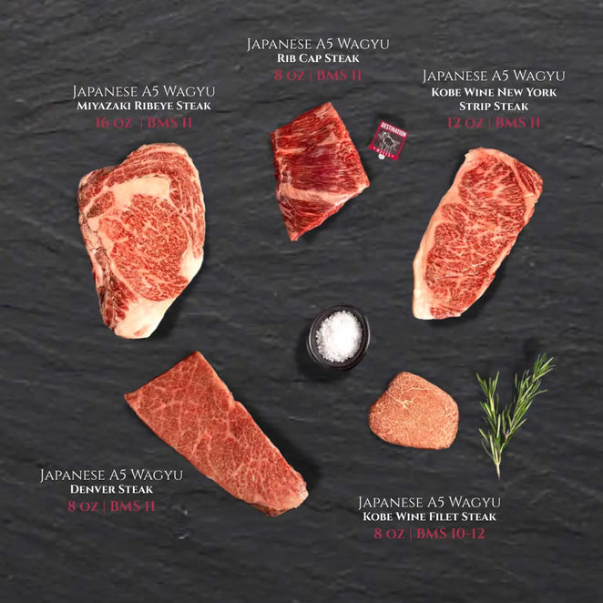 Japanese A5 Wagyu steak selection featuring Miyazaki ribeye, rib cap, Kobe wine New York strip, Denver steak, and filet steak on a dark stone background.