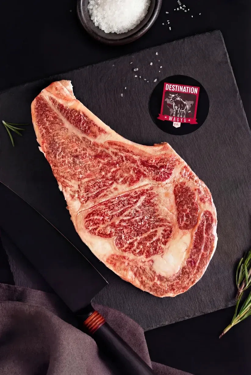 Australian Wagyu steak on a dark slate board
